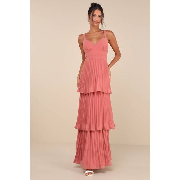 NWT Lulus Luxe Perfection Rusty Rose Pleated Tiered Backless Maxi Dress Sz XXL - Picture 1 of 9